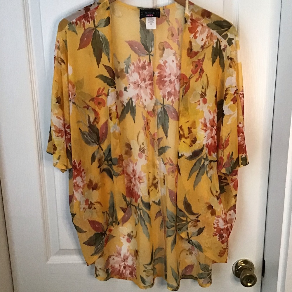 DISCREET: yellow floral mesh kimono cover-up 3X JR